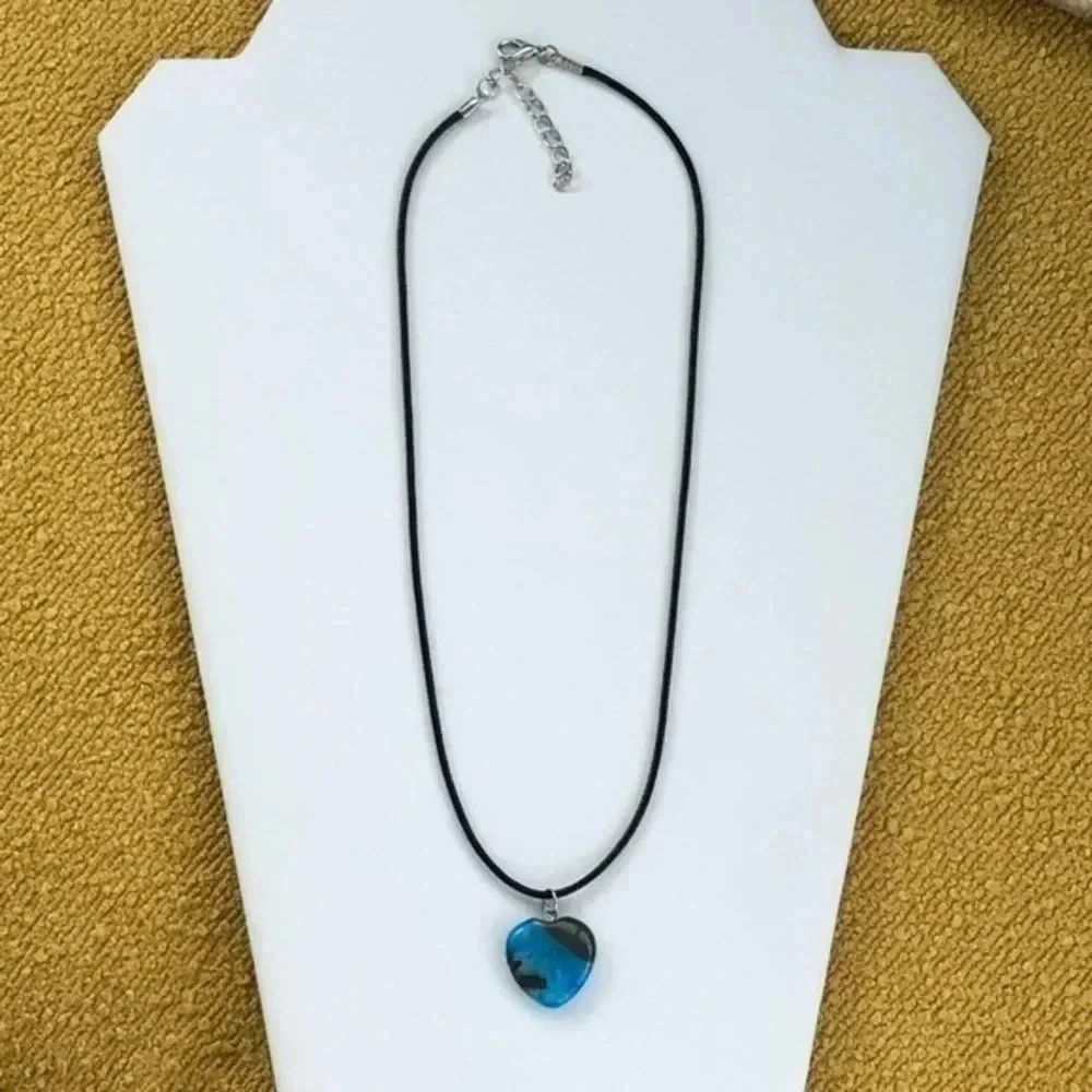 Blue & Gray Dragon Vein Heart Black Waxed Cord Necklace Handmade New NWT